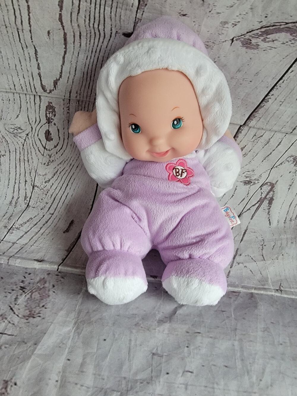 Baby's First Plush Soft Body Baby Doll Rattle Blue Eyes Purple Hooded Outfit